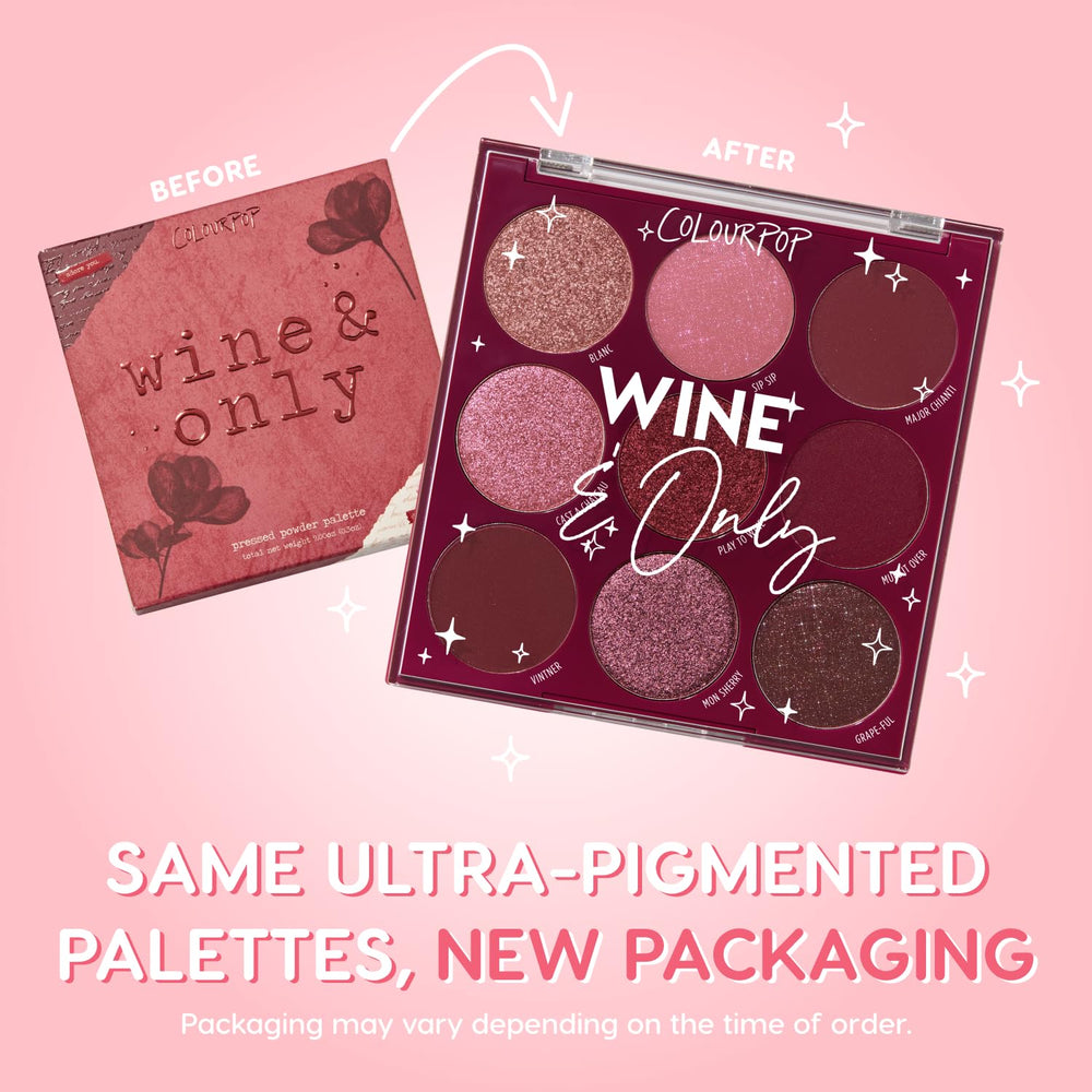 ColourPop Wine & Only eye shadow panels with matte, metallic, and sparkle finishes for versatile looks.