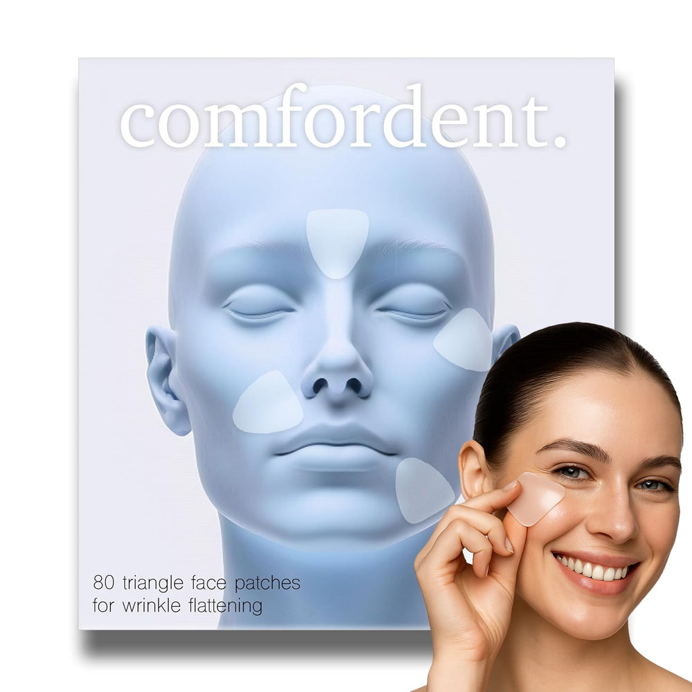 Comfordent triangle wrinkle patches on crow feet for precise smoothing.