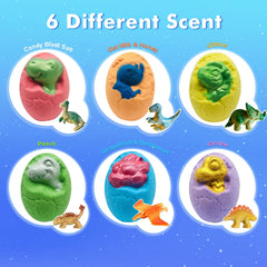 Comfso XL Dino Eggs fizzing in warm water, producing vibrant colors and bubbles.