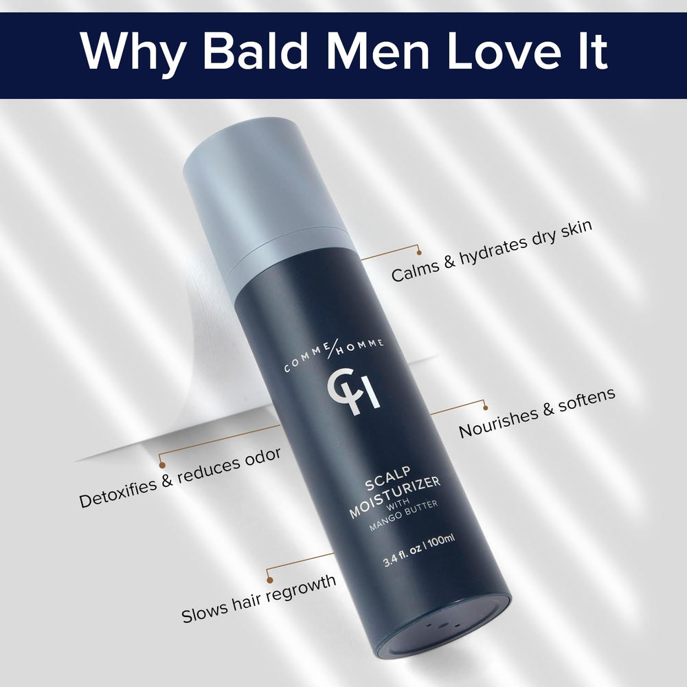 Comme Homme hands applying scalp moisturizer showing easy daily use between shaves