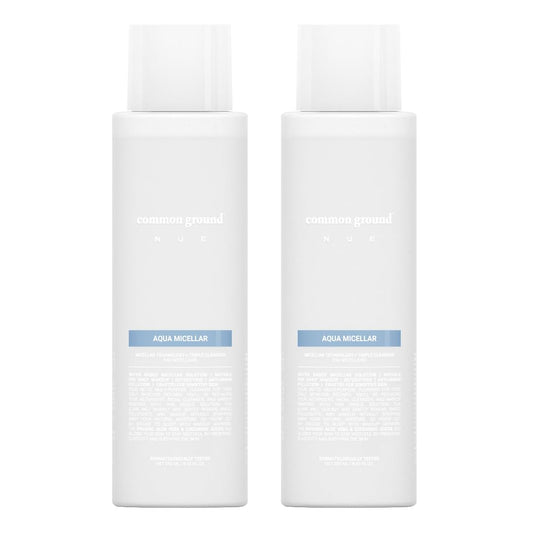 Common Ground NUE Aqua Micellar bottle front demonstrates a convenient 3-in-1 cleanser for fast cleansing.