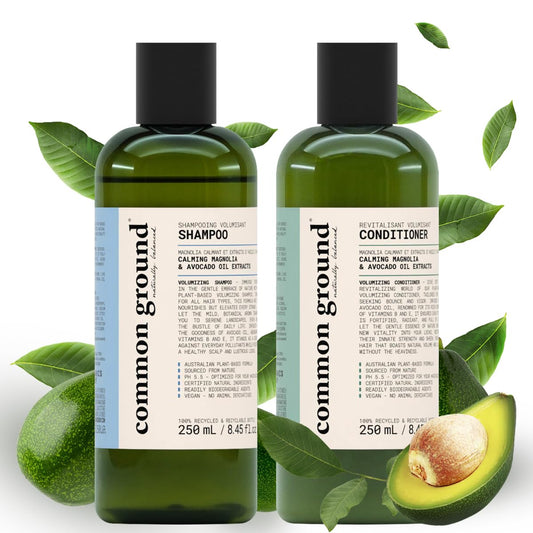 Common Ground shampoo bottle view emphasizing avocado oil hydration for hair.