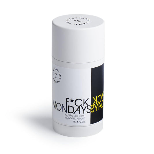 Confessions of a Rebel Fck Mondays deodorant packaging 2.5 oz, aluminum-free and refreshing.