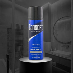 Consort Hair Spray regular hold label highlights all-day shaping without stiffness.