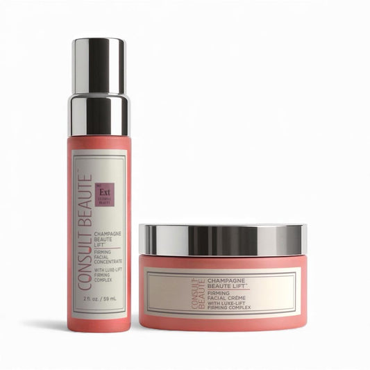 Consult Beaute Champagne Beaute Lift Firming Cream jar displaying hydrating and firming benefits for face and neck