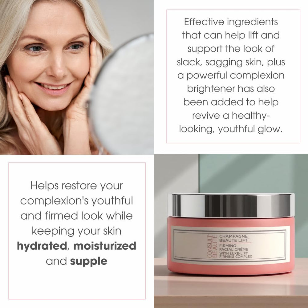 Consult Beaute Champagne Lift label on bottle highlights Luxe-Lift Firming Complex