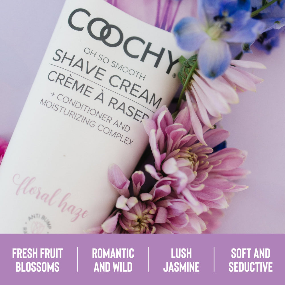Coochy Floral Haze ingredients image spotlighting jojoba and conditioners for sensitive skin.