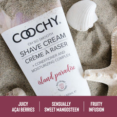 Coochy Island Paradise underarms and bikini-area use depicted for sensitive skin comfort.