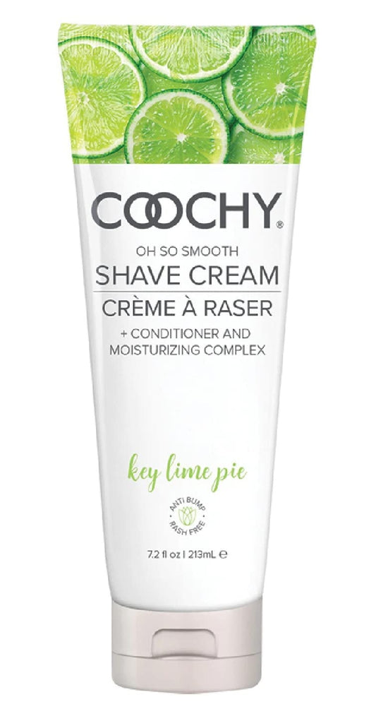 Coochy Key Lime Pie shave cream bottle highlights hydrating formula for smooth, rash-free shaving.
