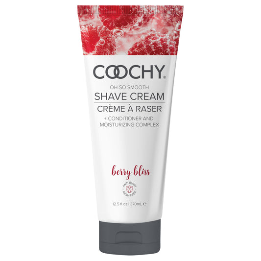 Coochy Berry Bliss shave cream bottle shows nourishing formula for sensitive skin