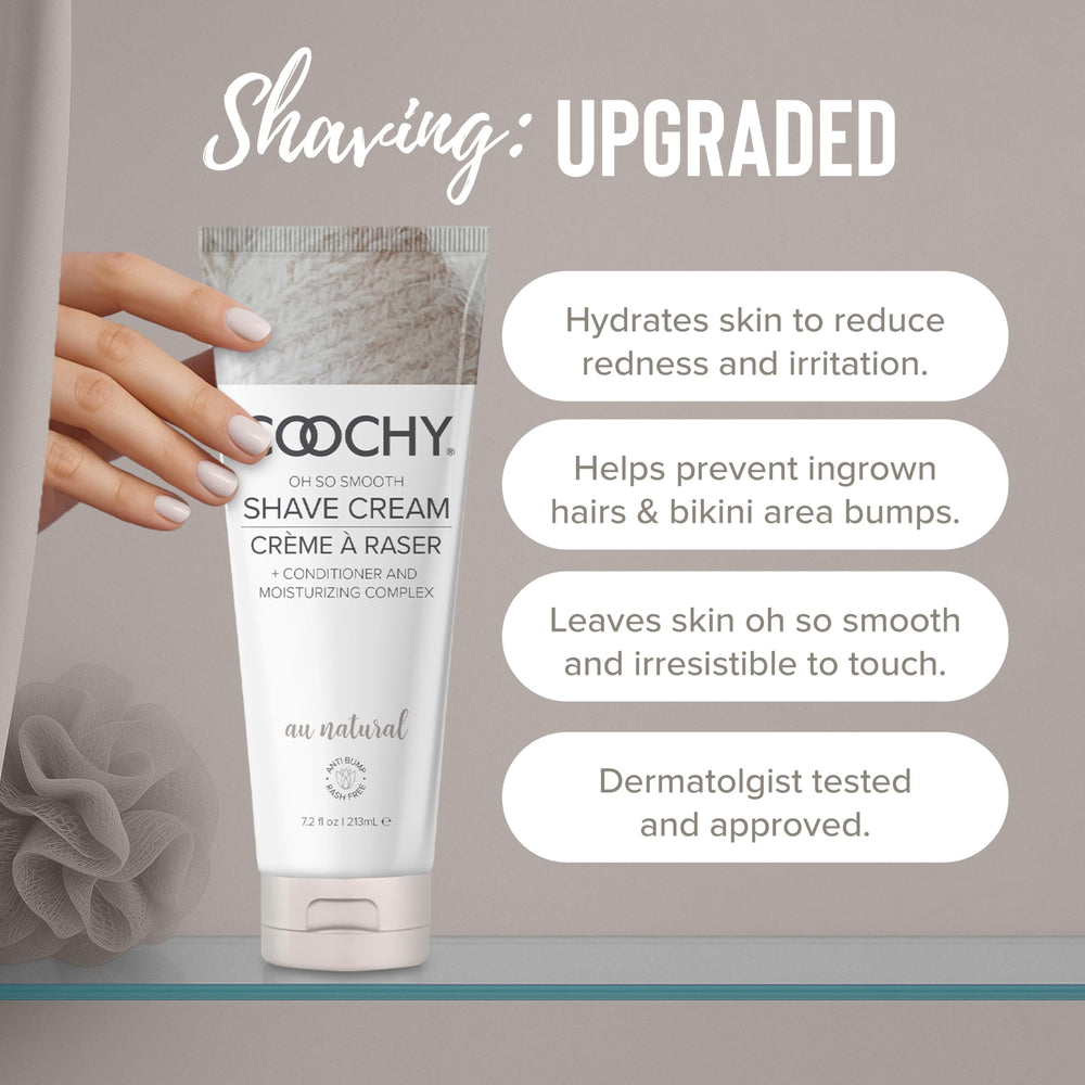 Coochy Shave Cream label detail highlighting premium ingredients.