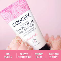 Close-up of Coochy Shave Cream texture showing hair-softening formula.