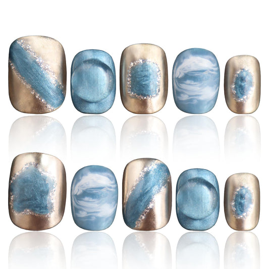 COOLYOUNG blue nails close-up showing glossy short square design for effortless everyday style