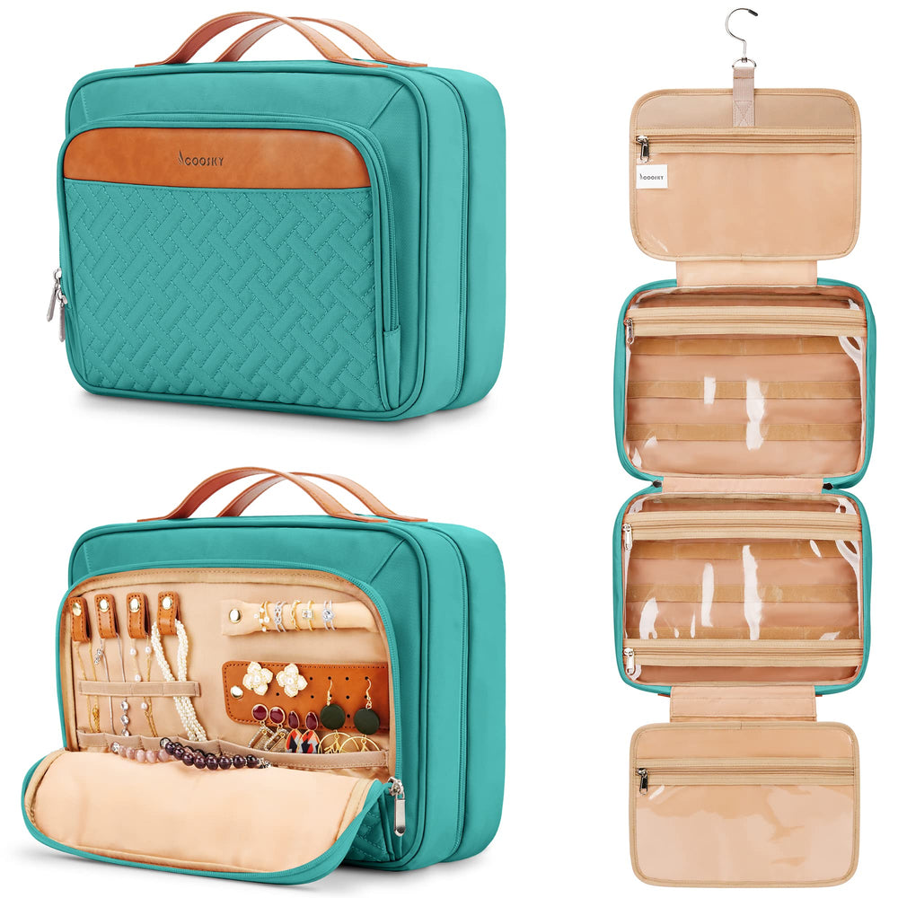 COOSKY travel hanging toiletry bag blue with jewelry organizer for cruise packing