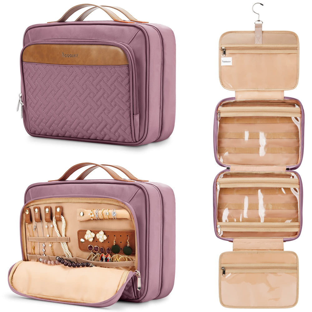 COOSKY travel hanging toiletry bag in dark purple front view with ample space for full-size products during trips
