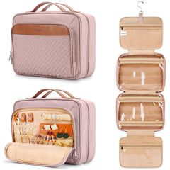 COOSKY travel hanging toiletry bag front view in baby pink for organized packing.