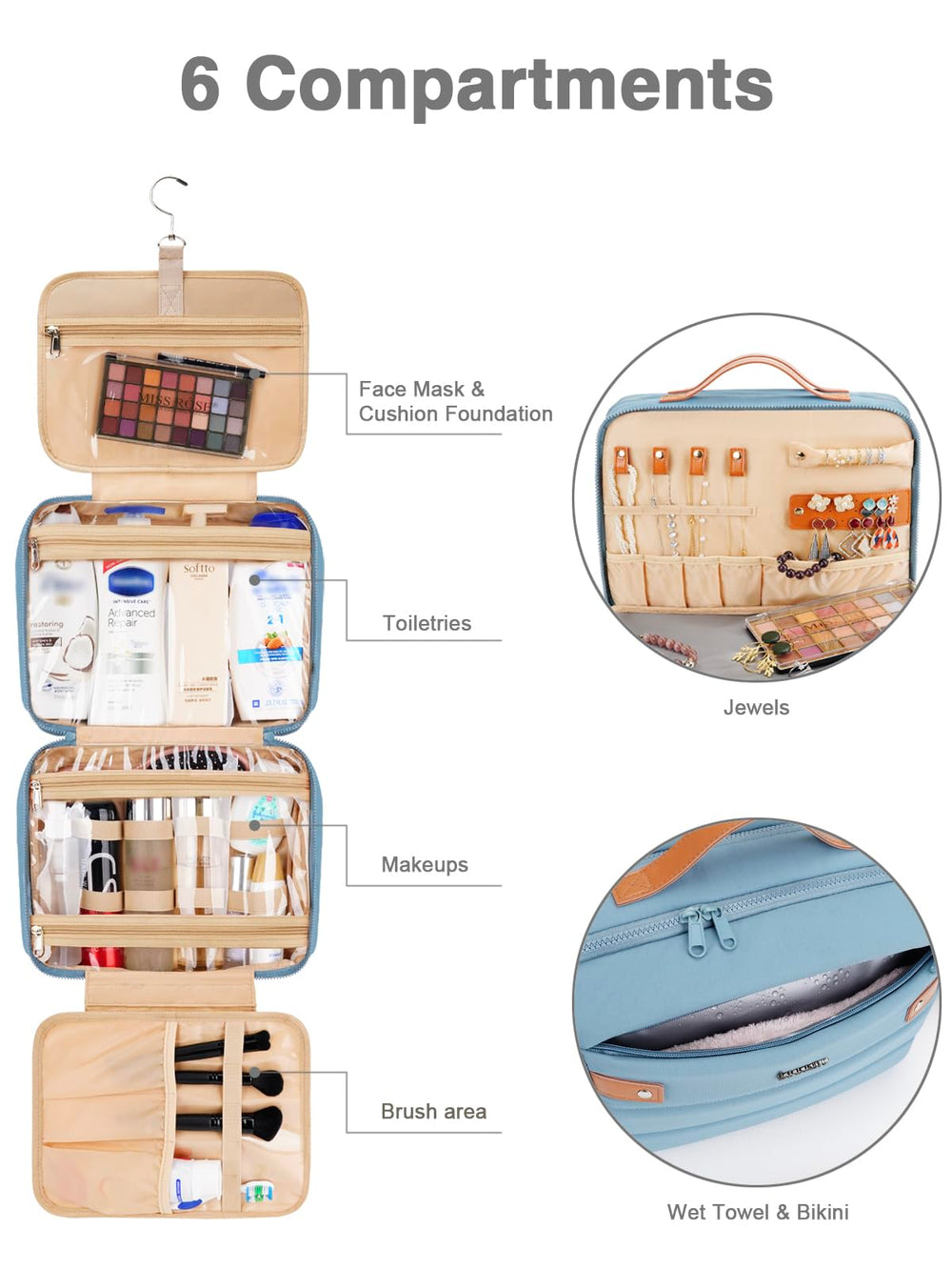 COOSKY hanging toiletry bag blue jewelry pocket for organized jewelry storage on trips