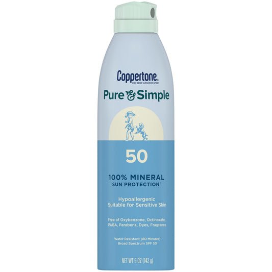 Coppertone Pure & Simple zinc oxide sunscreen spray bottle for easy outdoor protection.