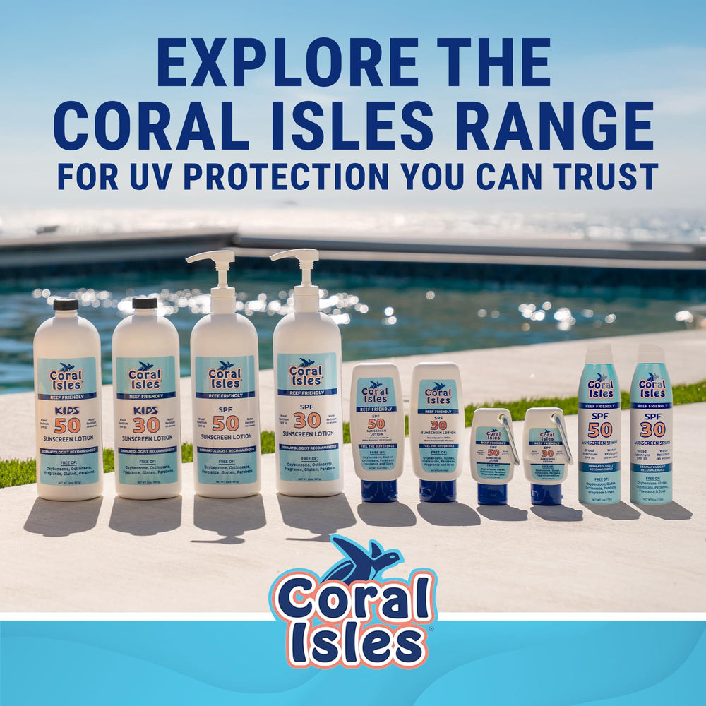 Water splash behind Coral Isles Sunscreen spray during swim
