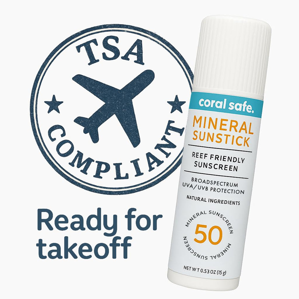 Coral Safe reef-safe sunscreen face-stick application shows easy rub-on usage.