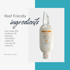 Coral Safe Sunscreen natural ingredients close-up with leaves and tube.