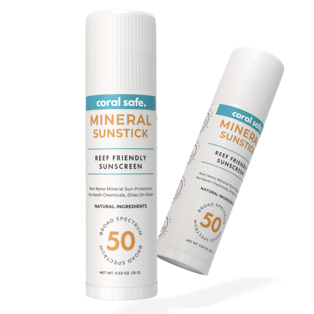 Coral Safe SPF50 stick back view showing ingredients and directions for safe application.
