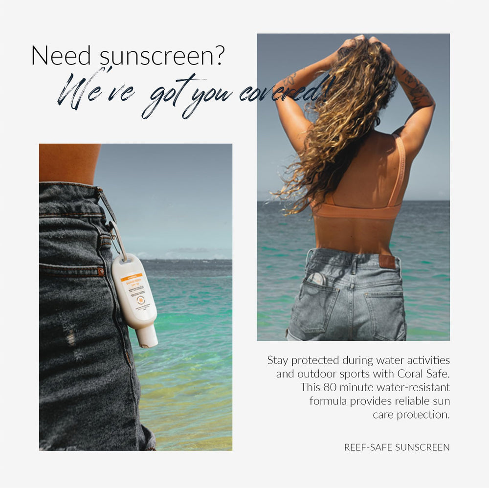 Coral Safe Sunscreen travel-packaging for on-the-go sun care.