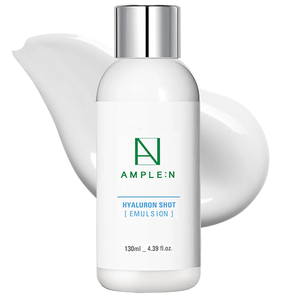 Coreana AMPLE:N Hyaluron Shot Emulsion bottle with rich hydration for daily skin nourishment.