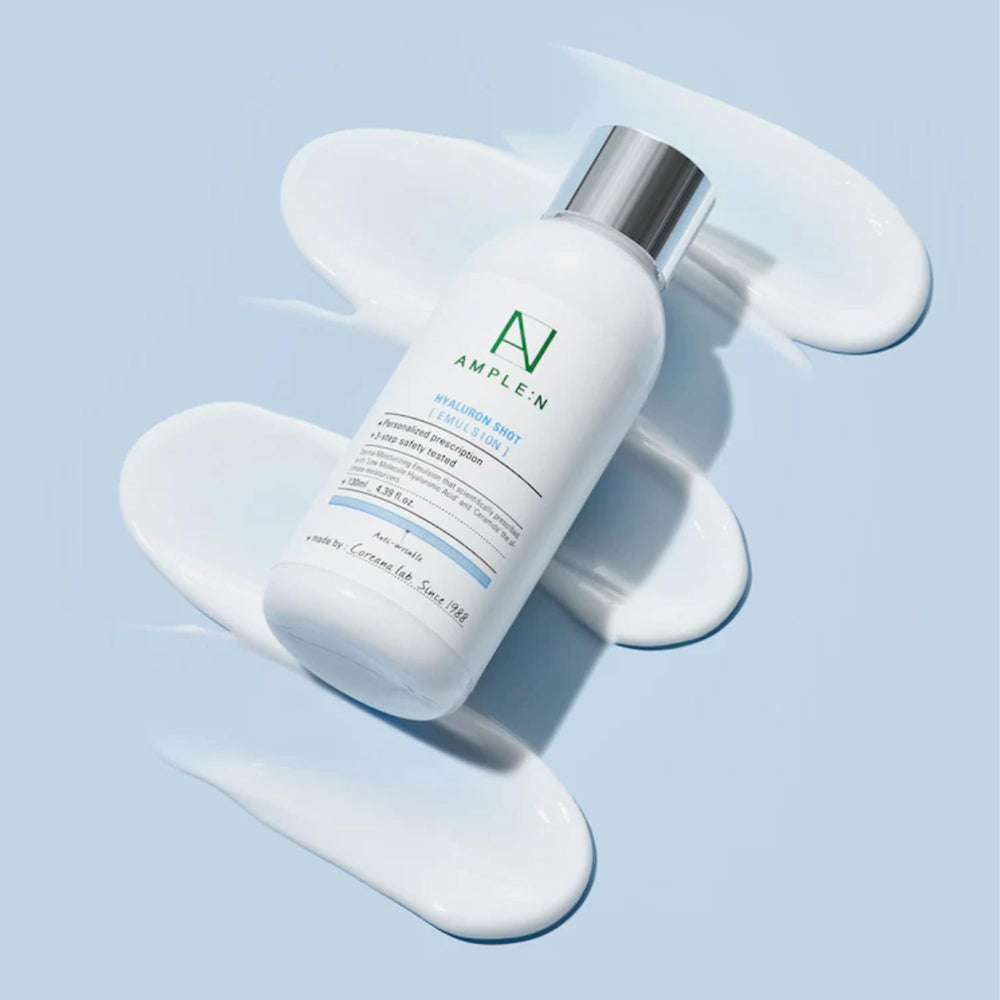 Coreana AMPLE:N Hyaluron Shot Emulsion close-up shows lightweight, non-greasy texture for sensitive skin.
