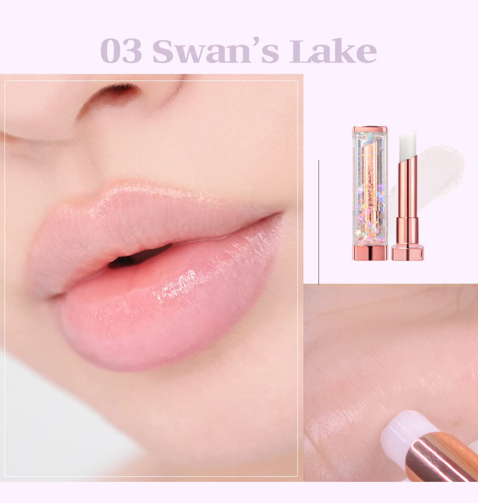 CORINGCO Sparkle Lip Balm Swan Lake swirled application shows natural color
