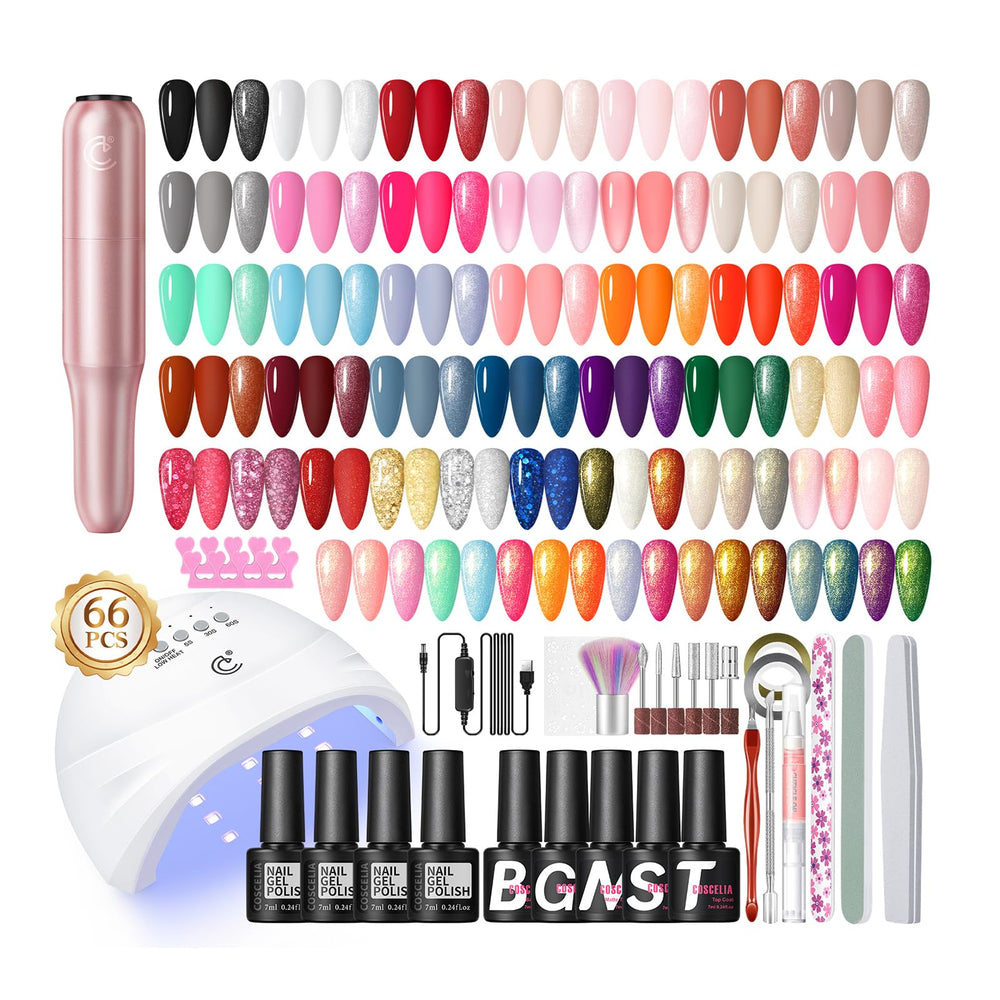 COSCELIA 66pcs gel nail polish kit showing diverse colors for at-home manicures.