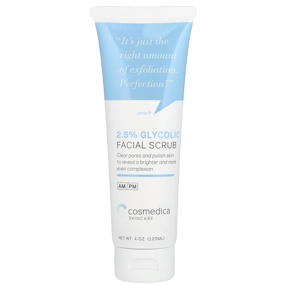 Cosmedica Glycolic Scrub jar close-up showing gentle exfoliation for radiant skin.