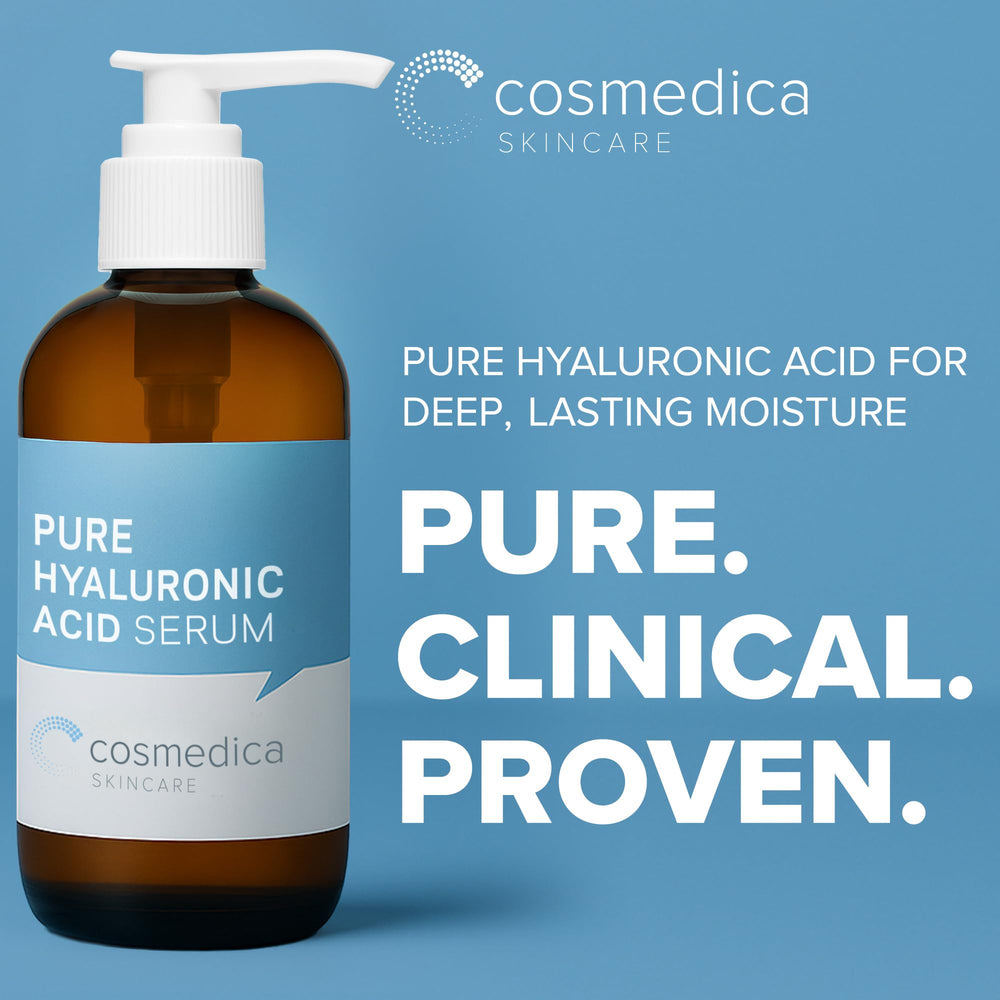 Cosmedica Skincare Hyaluronic Serum packaging display emphasizing clean ingredients and paraben-free confidence.