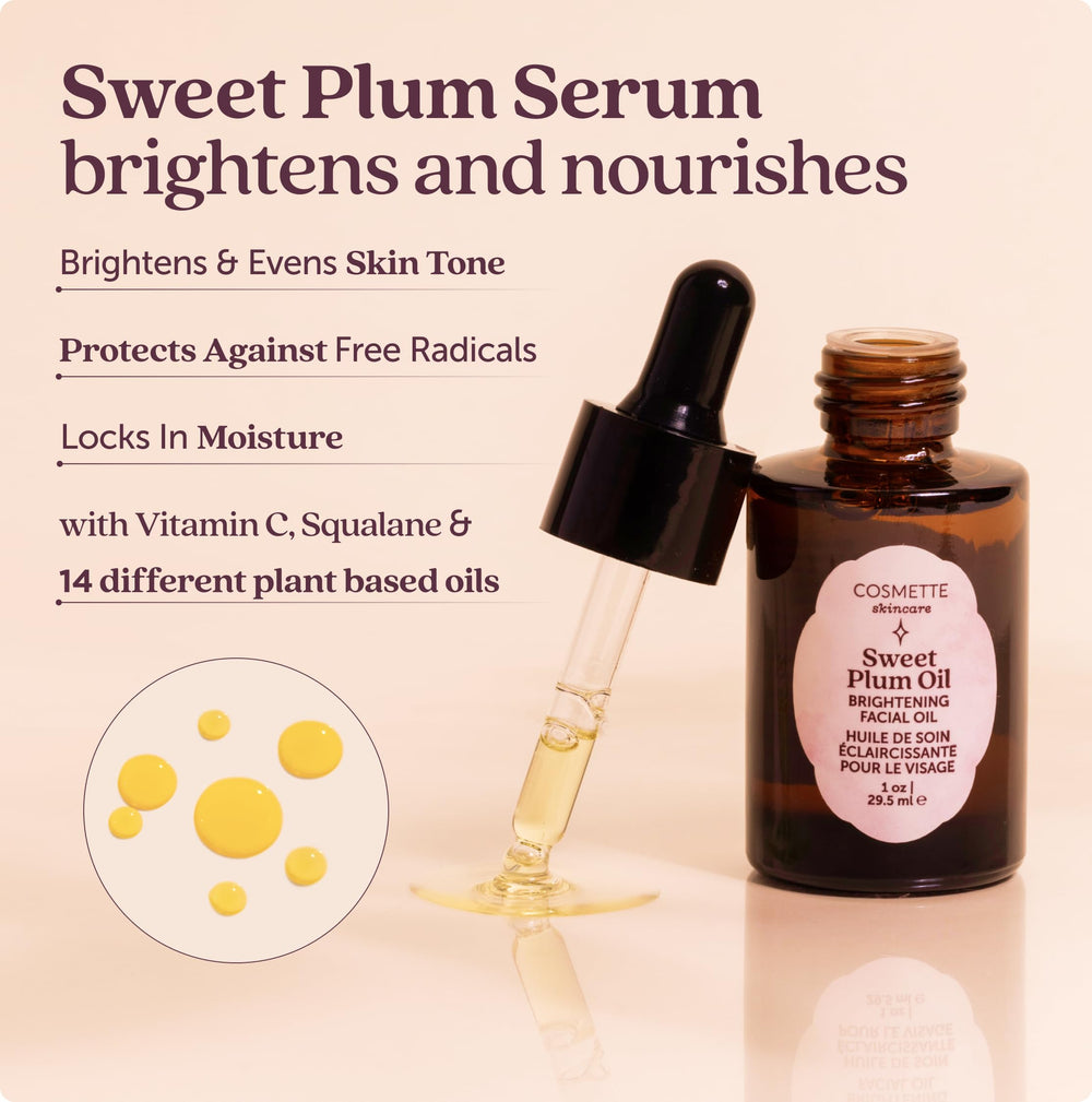 Cosmette Skincare Sweet Plum Serum dropper dispersing lightweight hydration.