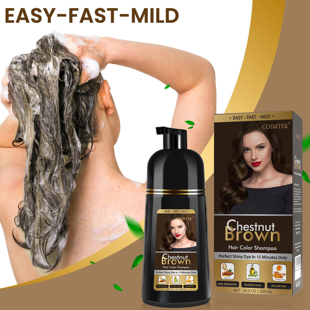 COSMTEK Chestnut Brown bottle being applied to dry hair for quick color deposit.