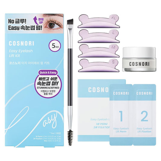 COSNORI Easy Eyelash Lift Kit packaging demonstrates at-home use.