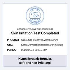 COSNORI tear-like pH-balanced label denoting comfortable eyelash care