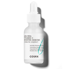 COSRX AHA BHA Vitamin C Booster Serum bottle close-up suggests radiant, hydrated skin benefits.