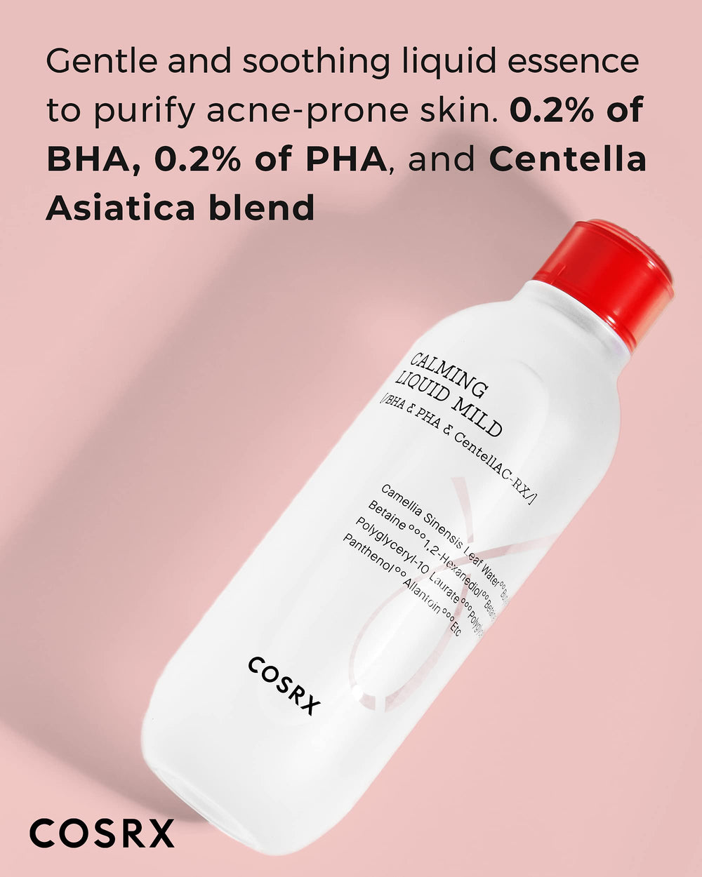 COSRX AC Collection Calm Liquid Mild bottle back, showing ingredients and usage guidance.
