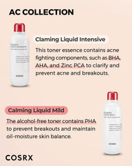 COSRX Acne Calming Liquid close-up shows the bottle and branding.