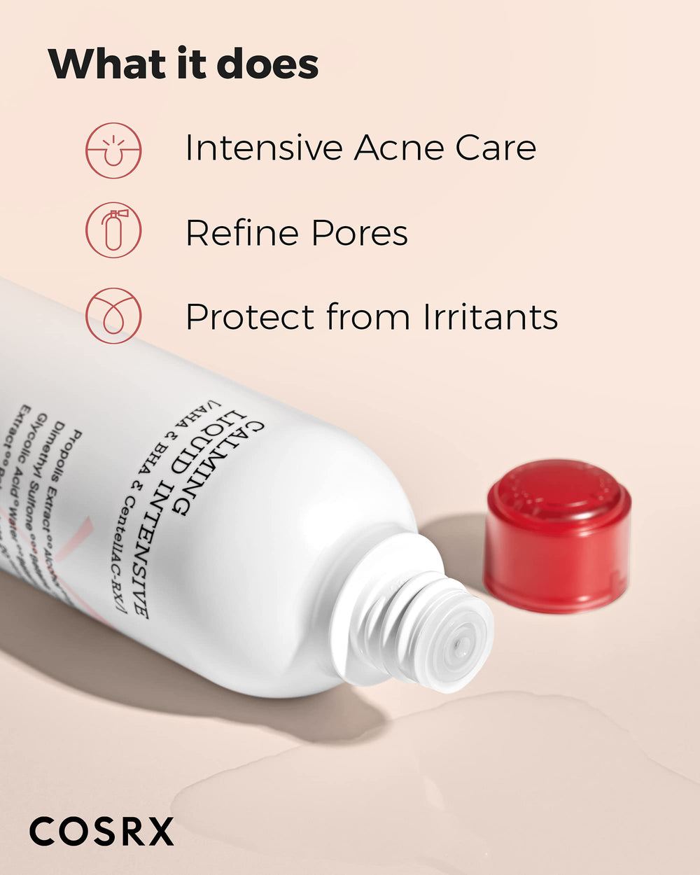 COSRX Acne Calming Liquid label highlights BHA, AHA, and propolis.