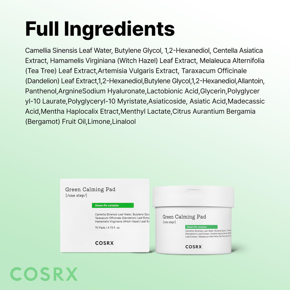 COSRX Green Calming Pads toner-soaked wipes for quick refresh between steps.