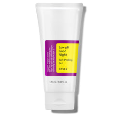 COSRX Low pH Good Night Soft Peeling Gel bottle for gentle exfoliation and hydration.