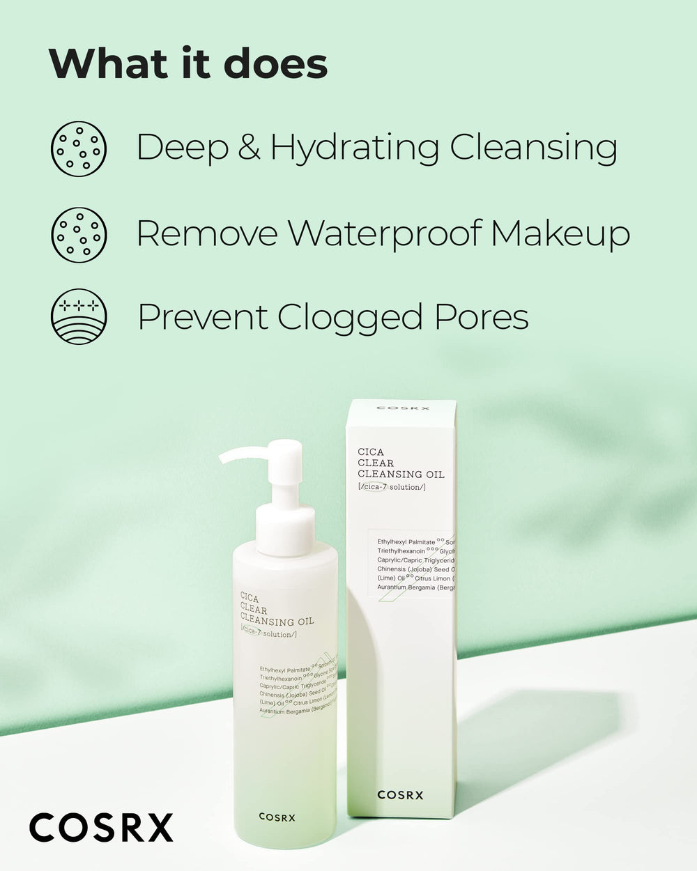 Hand applying COSRX Pure Fit Cica Cleansing Oil during a gentle cleansing massage.