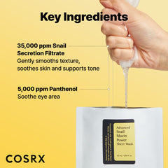 COSRX Snail Mucin Serum bottle closeup highlighting snail mucin formula.