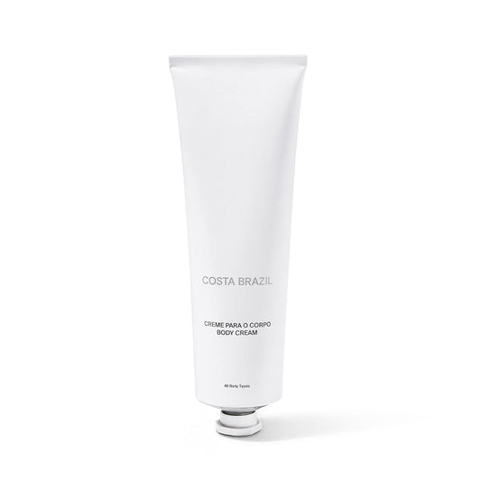 Costa Brazil body cream jar close-up showing rich hydration and fragrance-free formula.