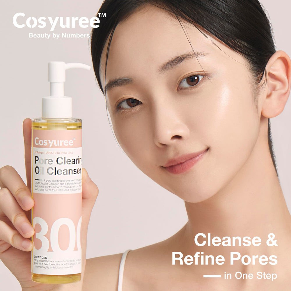 Cosyuree Collagen Pore Cleaning Oil Dispense highlights even distribution for gentle cleansing.