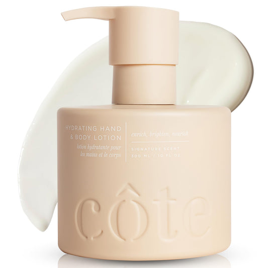 Cote Hydrating Hand & Body Lotion bottle with pump delivers daily moisture.