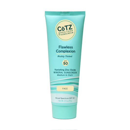 CoTZ Flawless Complexion tinted bottle for natural coverage and mineral SPF.