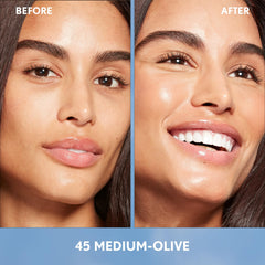 CoverGirl Simply Ageless Essence close-up shows smoother skin texture after application.